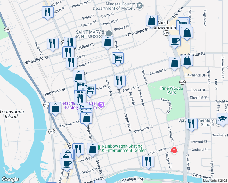 map of restaurants, bars, coffee shops, grocery stores, and more near 177 Lincoln Avenue in North Tonawanda