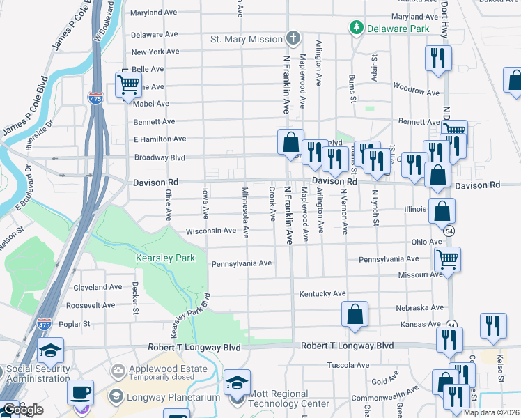 map of restaurants, bars, coffee shops, grocery stores, and more near 1721 Illinois Avenue in Flint