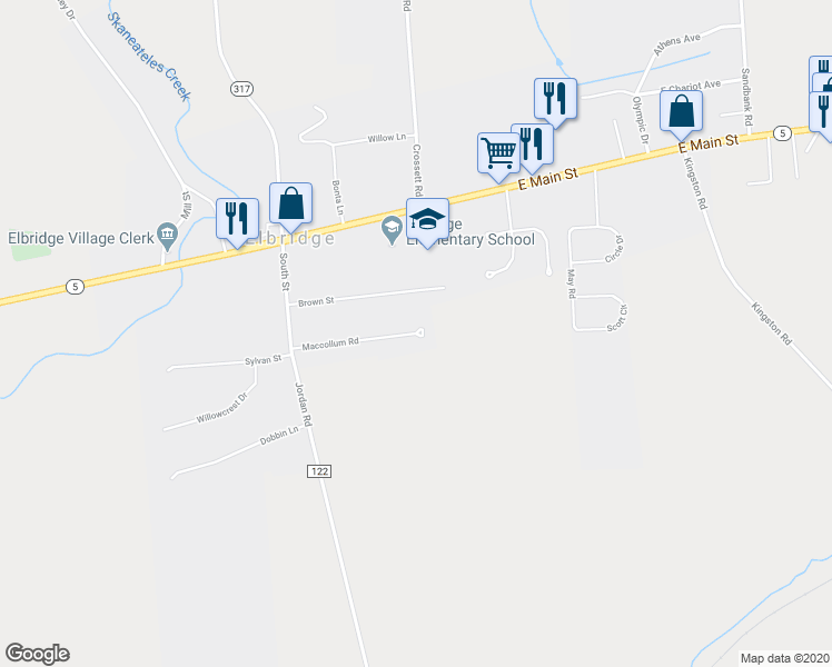 map of restaurants, bars, coffee shops, grocery stores, and more near 123 Maccollum Road in Elbridge