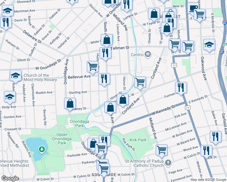 map of restaurants, bars, coffee shops, grocery stores, and more near 132 Chester Street in Syracuse