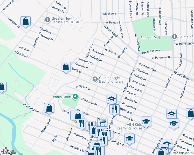 map of restaurants, bars, coffee shops, grocery stores, and more near 3110 Barth Street in Flint