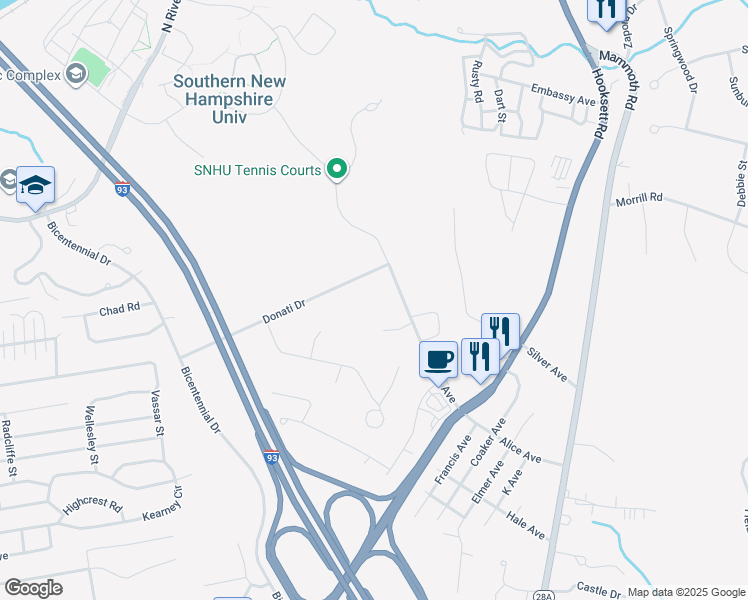 map of restaurants, bars, coffee shops, grocery stores, and more near 32 West Alice Avenue in Hooksett