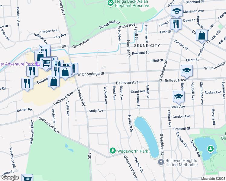 map of restaurants, bars, coffee shops, grocery stores, and more near 122 Reed Avenue in Syracuse