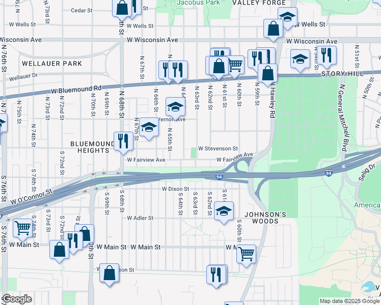 map of restaurants, bars, coffee shops, grocery stores, and more near 6316 West Fairview Avenue in Milwaukee