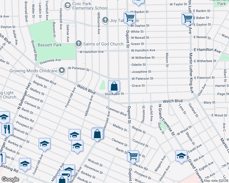 map of restaurants, bars, coffee shops, grocery stores, and more near 812 Stockdale Street in Flint