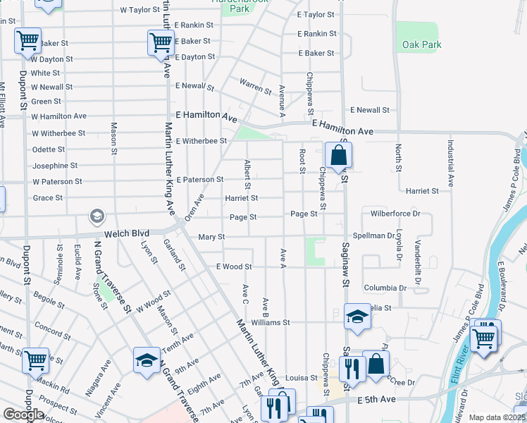 map of restaurants, bars, coffee shops, grocery stores, and more near 421 Page Street in Flint