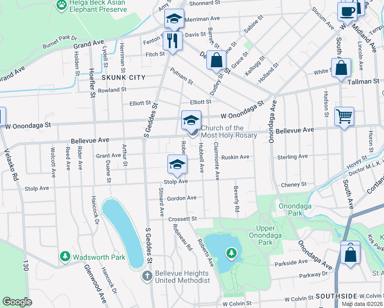 map of restaurants, bars, coffee shops, grocery stores, and more near 111 Roberts Avenue in Syracuse