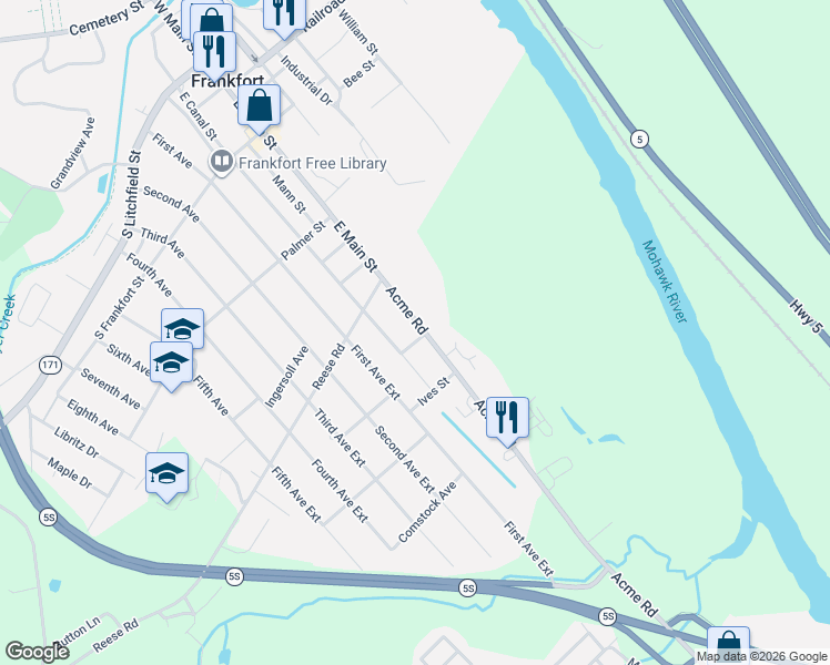 map of restaurants, bars, coffee shops, grocery stores, and more near 4178 Acme Road in Frankfort
