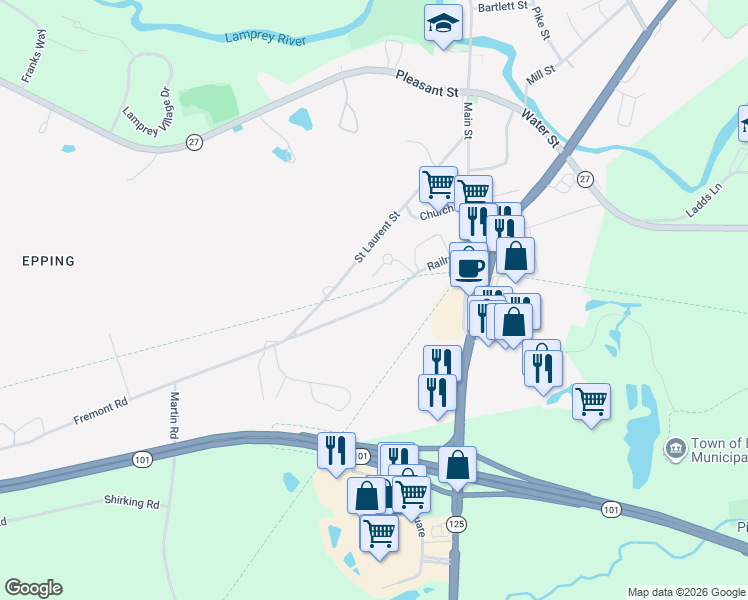 map of restaurants, bars, coffee shops, grocery stores, and more near 109 Railroad Avenue in Epping