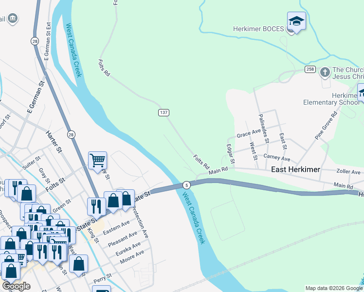 map of restaurants, bars, coffee shops, grocery stores, and more near 120 Piper Road in Herkimer