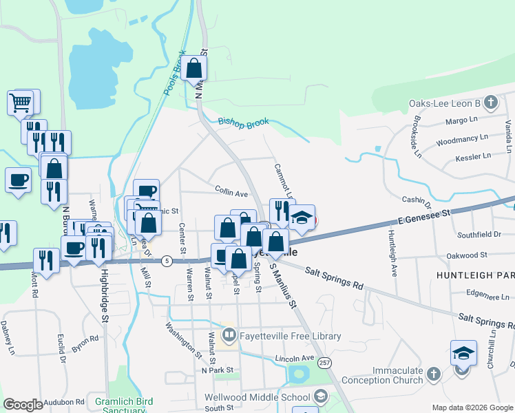 map of restaurants, bars, coffee shops, grocery stores, and more near 257 North Manlius Street in Fayetteville