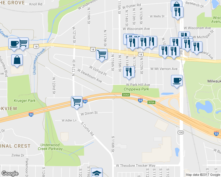 map of restaurants, bars, coffee shops, grocery stores, and more near 11607 West Dearbourn Avenue in Wauwatosa
