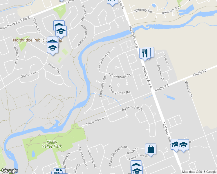 map of restaurants, bars, coffee shops, grocery stores, and more near 71 Wintergarden Road in London