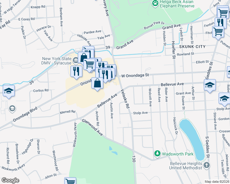 map of restaurants, bars, coffee shops, grocery stores, and more near 2026-28 Bellevue Avenue in Syracuse