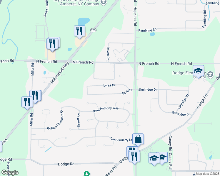 map of restaurants, bars, coffee shops, grocery stores, and more near 62 Lyrae Drive in Getzville