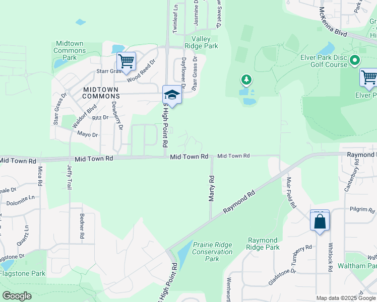 map of restaurants, bars, coffee shops, grocery stores, and more near 7602 Mid Town Road in Madison