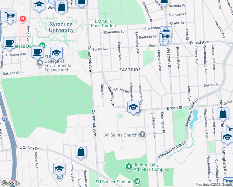 map of restaurants, bars, coffee shops, grocery stores, and more near 209 Berkeley Drive in Syracuse