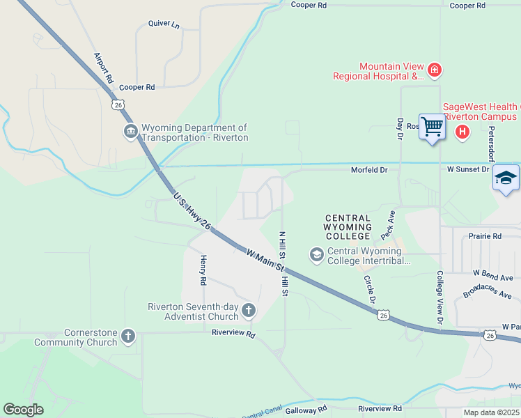 map of restaurants, bars, coffee shops, grocery stores, and more near 608 Wolf Creek Drive in Riverton