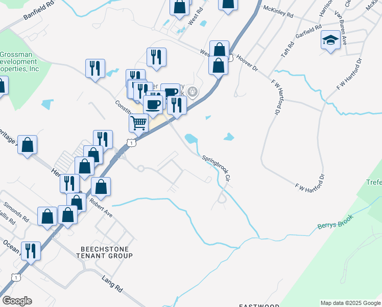 map of restaurants, bars, coffee shops, grocery stores, and more near 616 Spring Brook Circle in Portsmouth