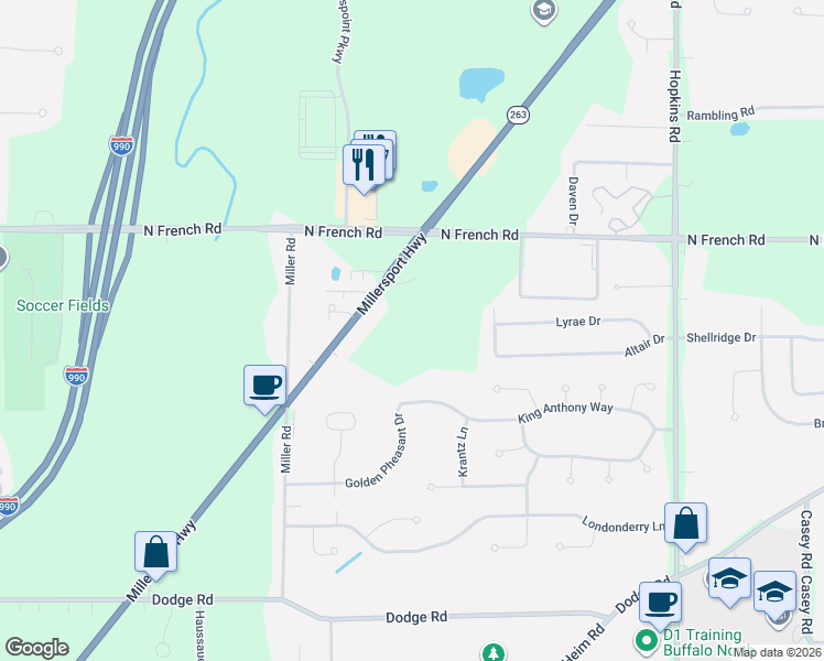 map of restaurants, bars, coffee shops, grocery stores, and more near 3253 Millersport Highway in Erie County