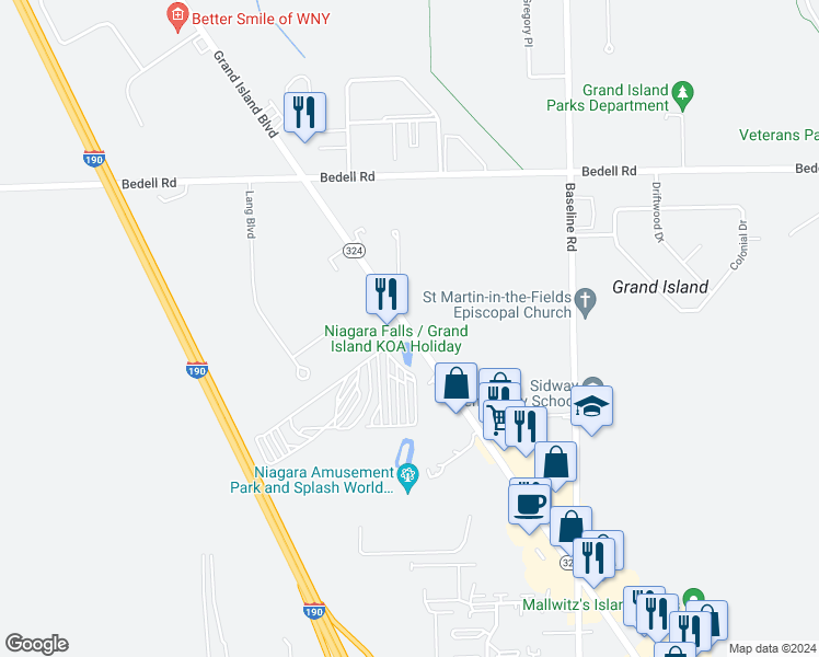 map of restaurants, bars, coffee shops, grocery stores, and more near 2529-2557 Grand Island Boulevard in Grand Island