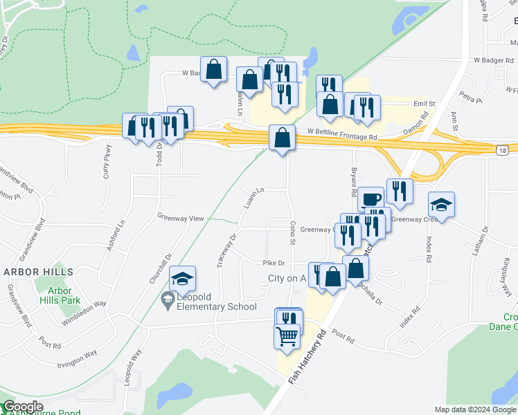 map of restaurants, bars, coffee shops, grocery stores, and more near 2127 Luann Lane in Madison
