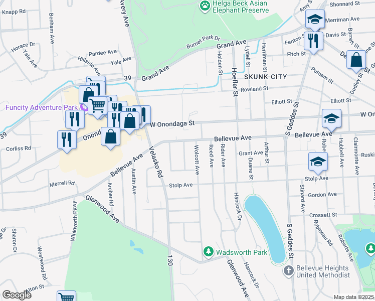 map of restaurants, bars, coffee shops, grocery stores, and more near 105 Upland Road in Syracuse