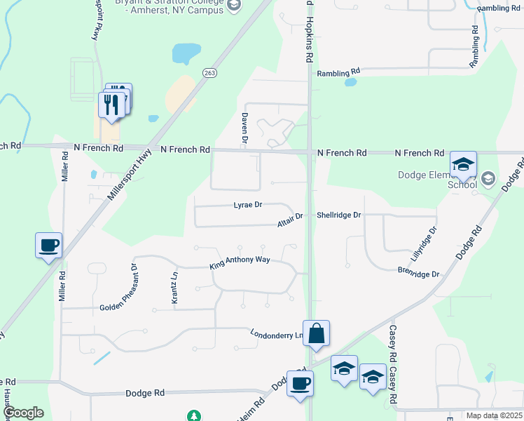map of restaurants, bars, coffee shops, grocery stores, and more near 62 Lyrae Drive in Getzville