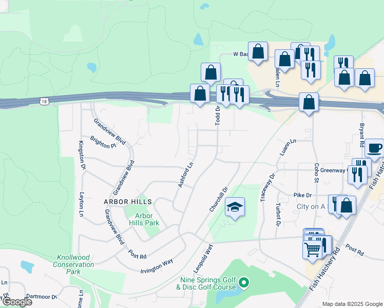 map of restaurants, bars, coffee shops, grocery stores, and more near 2922 Ashford Lane in Madison