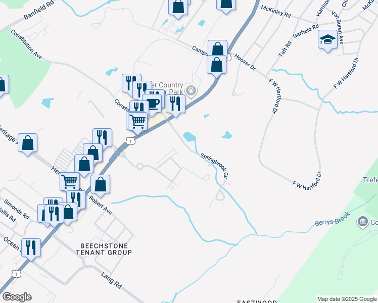 map of restaurants, bars, coffee shops, grocery stores, and more near 616 Spring Brook Circle in Portsmouth