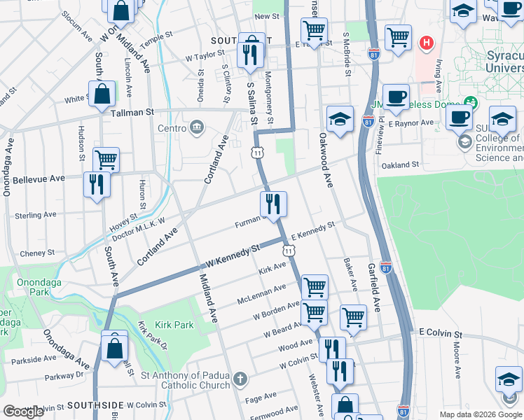 map of restaurants, bars, coffee shops, grocery stores, and more near 116 Furman Street in Syracuse