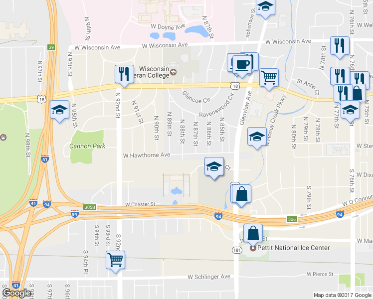 map of restaurants, bars, coffee shops, grocery stores, and more near 108 North 88th Street in Wauwatosa