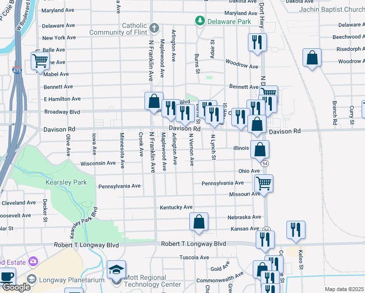 map of restaurants, bars, coffee shops, grocery stores, and more near 2115 Illinois Avenue in Flint
