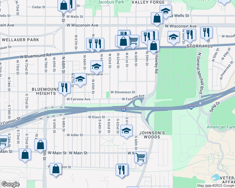 map of restaurants, bars, coffee shops, grocery stores, and more near 6141 West Stevenson Street in Milwaukee