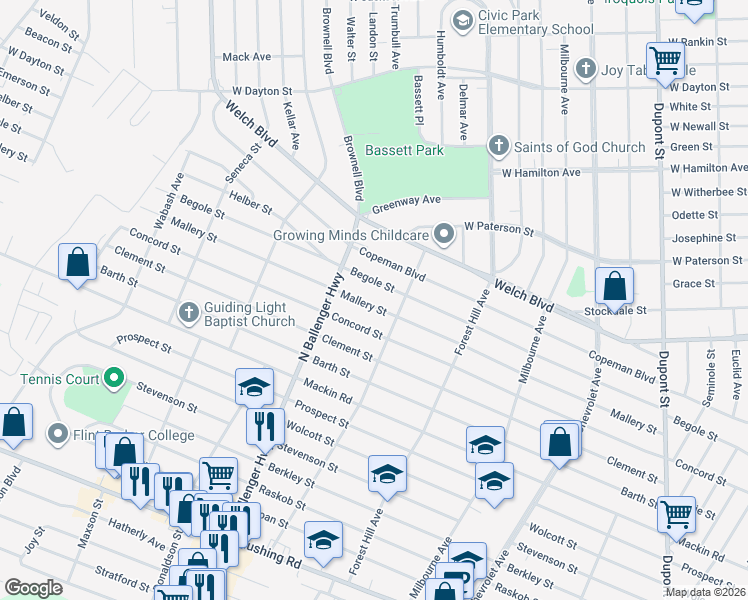 map of restaurants, bars, coffee shops, grocery stores, and more near 2824 Mallery Street in Flint