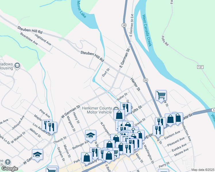 map of restaurants, bars, coffee shops, grocery stores, and more near 507 Dorf Street in Herkimer