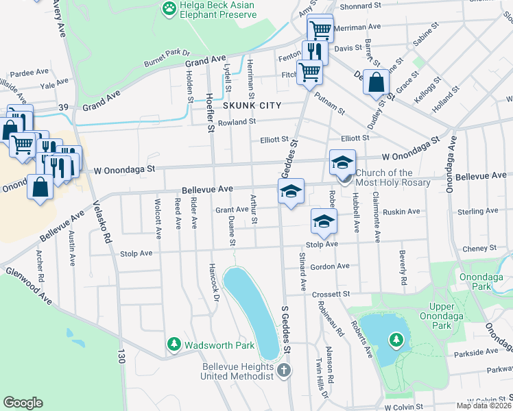 map of restaurants, bars, coffee shops, grocery stores, and more near 334 Grant Avenue in Syracuse