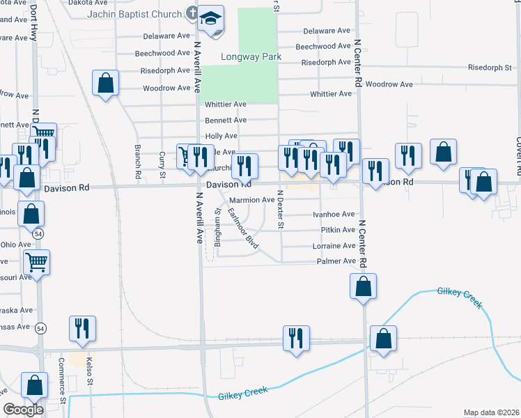 map of restaurants, bars, coffee shops, grocery stores, and more near 1705 Newcombe Street in Flint