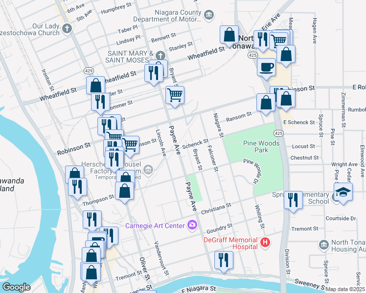 map of restaurants, bars, coffee shops, grocery stores, and more near 281 Schenck Street in North Tonawanda