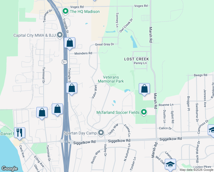 map of restaurants, bars, coffee shops, grocery stores, and more near 4602 Star Spangled Trail in Madison