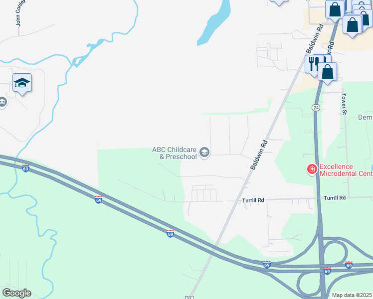 map of restaurants, bars, coffee shops, grocery stores, and more near 1174 Alice Drive in Lapeer