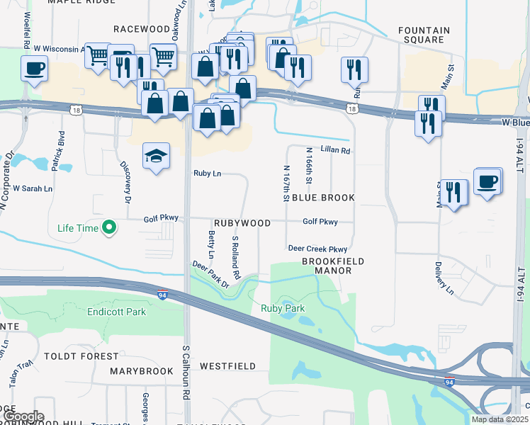 map of restaurants, bars, coffee shops, grocery stores, and more near 16830 Golf Parkway in Brookfield