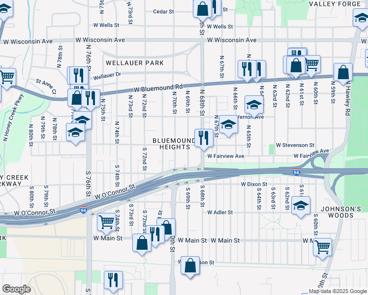map of restaurants, bars, coffee shops, grocery stores, and more near 125 North 69th Street in Milwaukee