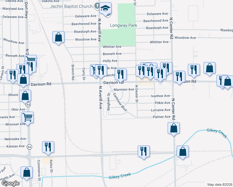 map of restaurants, bars, coffee shops, grocery stores, and more near 1710 Earlmoor Boulevard in Flint