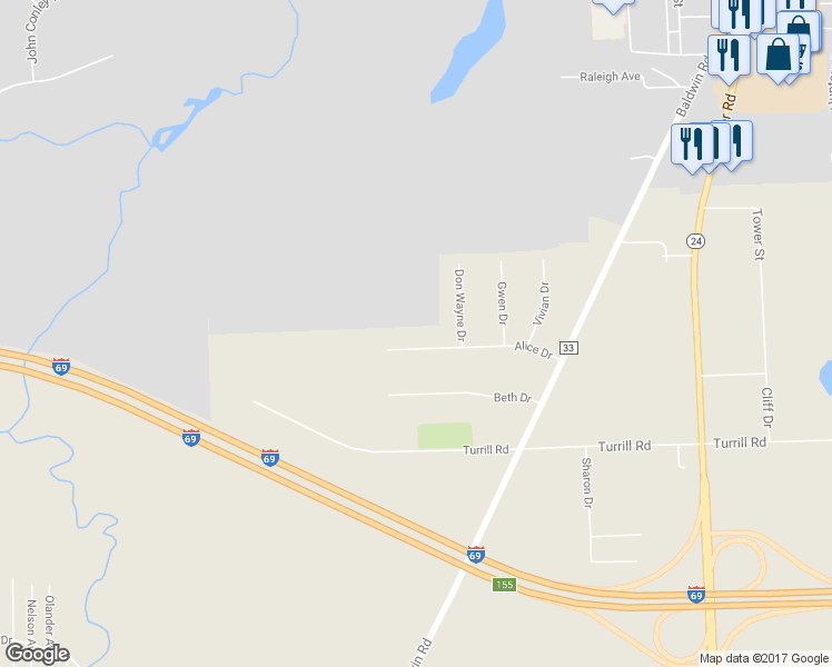 map of restaurants, bars, coffee shops, grocery stores, and more near 1174 Alice Drive in Lapeer