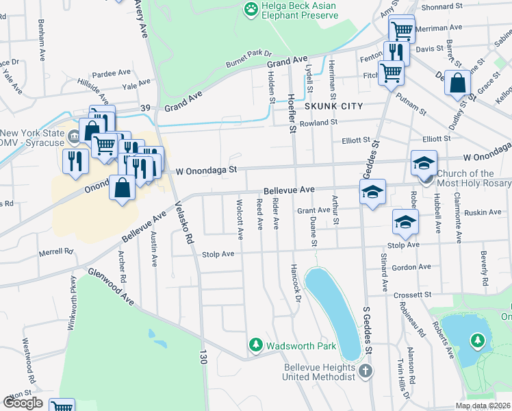 map of restaurants, bars, coffee shops, grocery stores, and more near 118 Reed Avenue in Syracuse