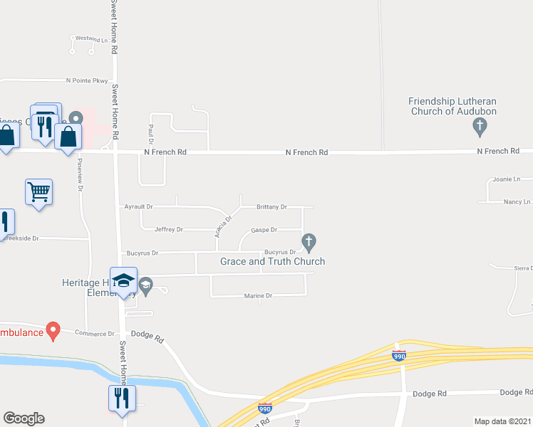 map of restaurants, bars, coffee shops, grocery stores, and more near 39 Brittany Drive in Buffalo