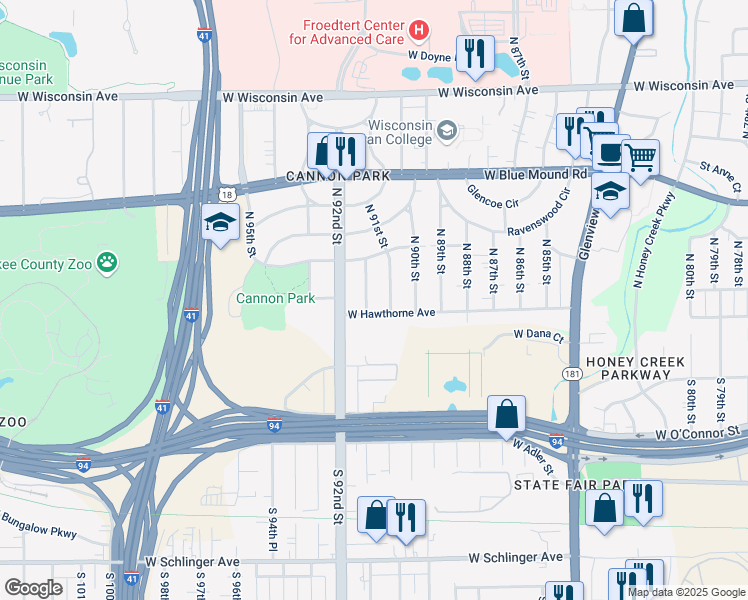 map of restaurants, bars, coffee shops, grocery stores, and more near 140 North 91st Place in Milwaukee