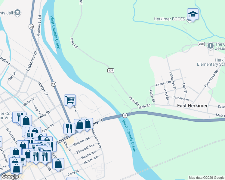 map of restaurants, bars, coffee shops, grocery stores, and more near 123 Piper Road in Herkimer