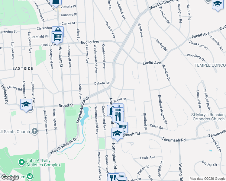 map of restaurants, bars, coffee shops, grocery stores, and more near 105 Nottingham Road in Syracuse